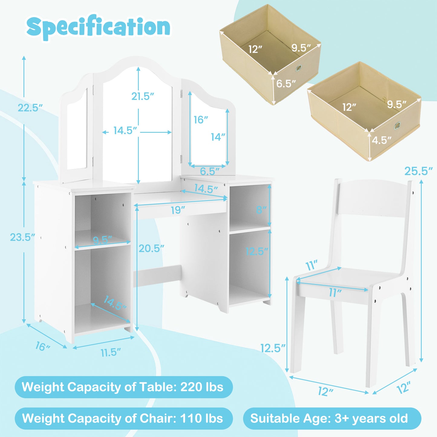 Kids Vanity Table and Chair Set with Removable Mirrors