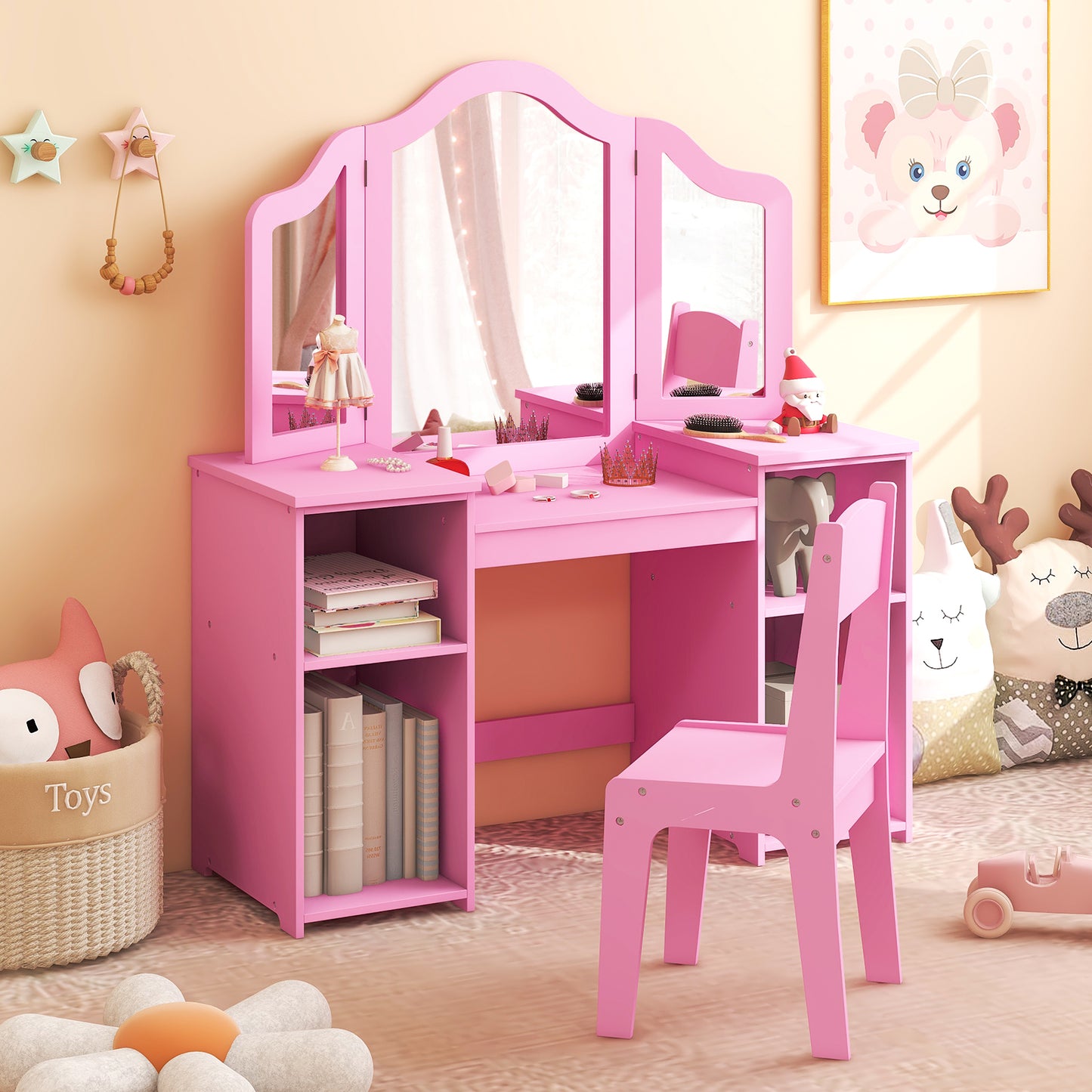 Kids Vanity Table and Chair Set with Tri-Folding Mirror