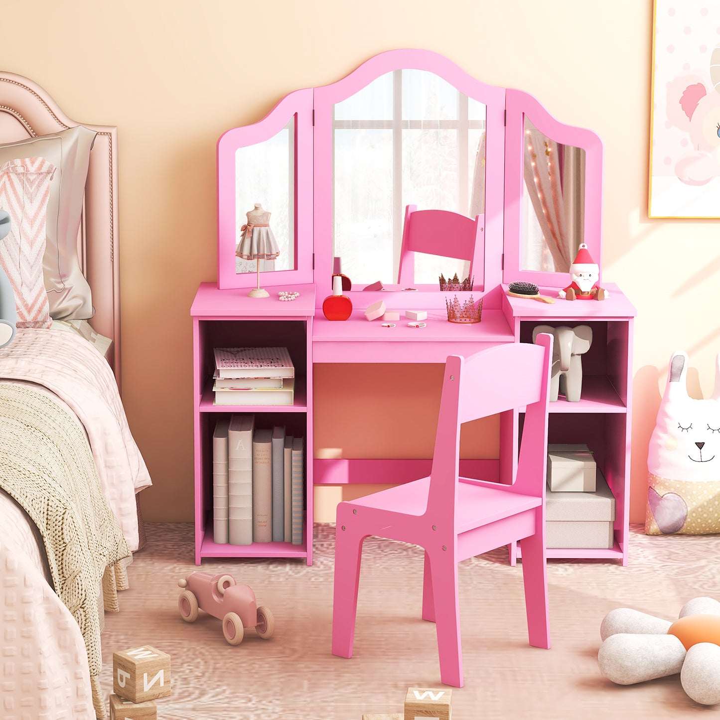 Kids Vanity Table and Chair Set with Tri-Folding Mirror