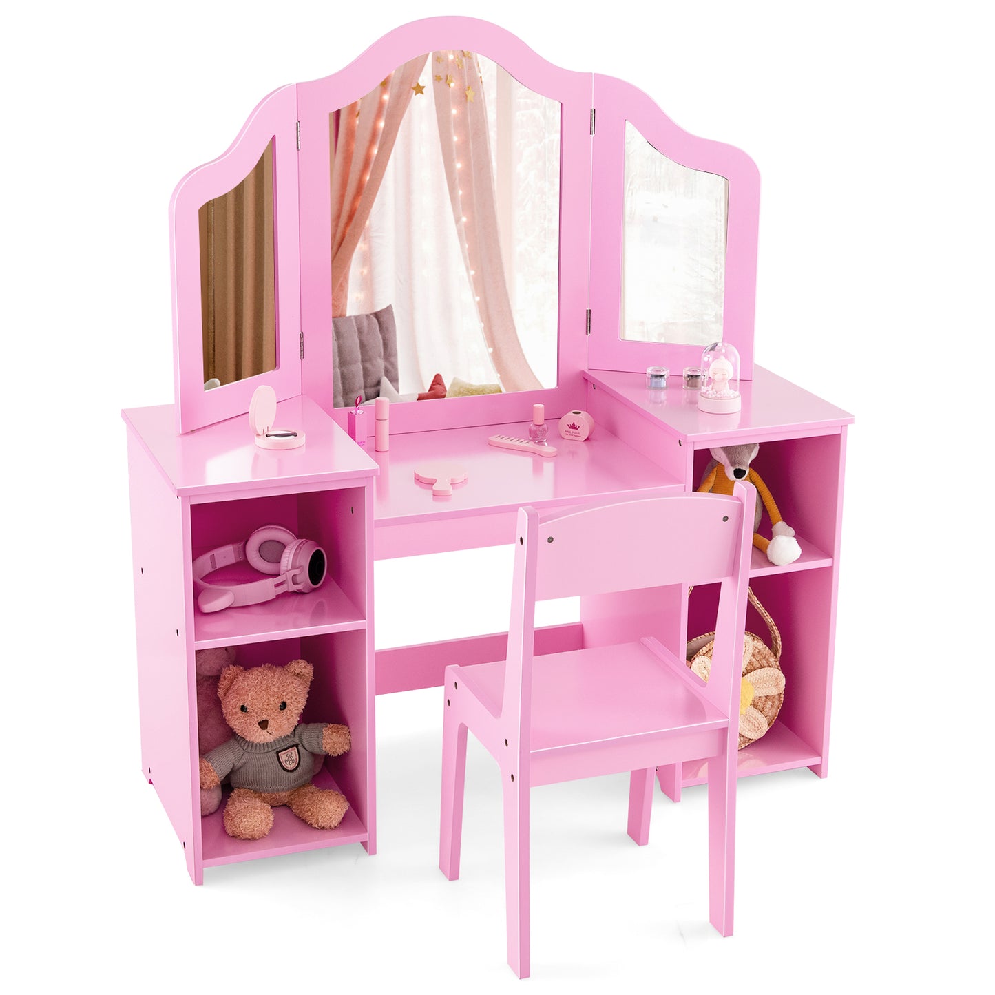 Kids Vanity Table and Chair Set with Tri-Folding Mirror