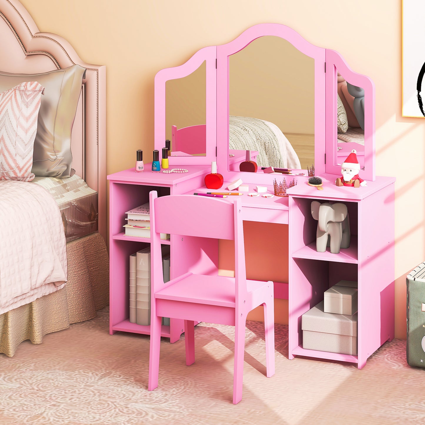 Kids Vanity Table and Chair Set with Tri-Folding Mirror