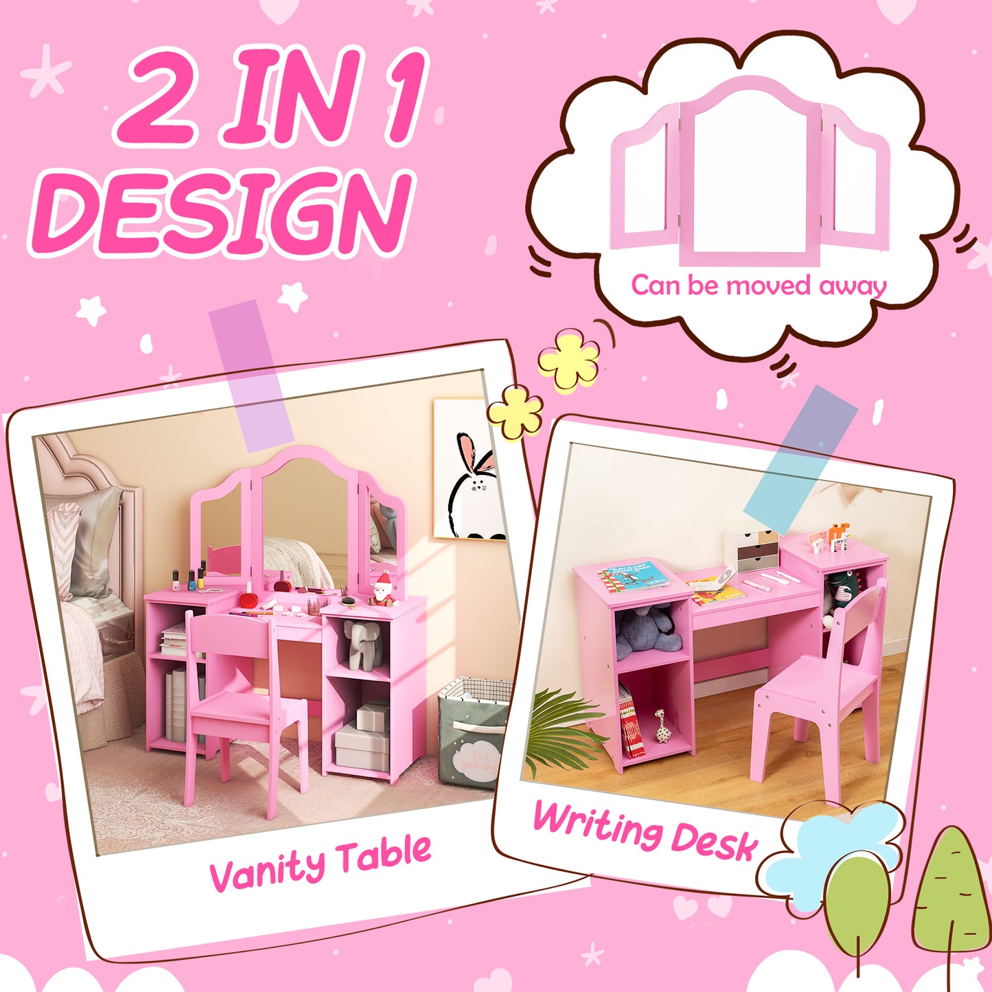 Kids Vanity Table and Chair Set with Tri-Folding Mirror