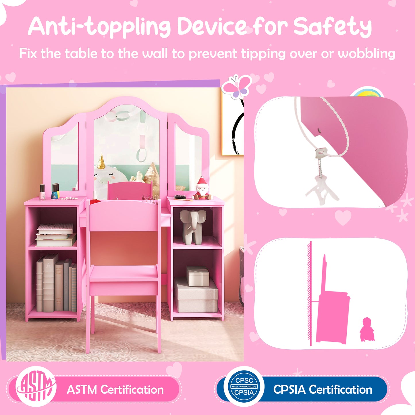 Kids Vanity Table and Chair Set with Tri-Folding Mirror