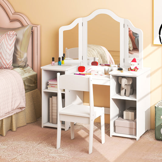 Kids Vanity Table and Chair Set with Tri-Folding Mirror