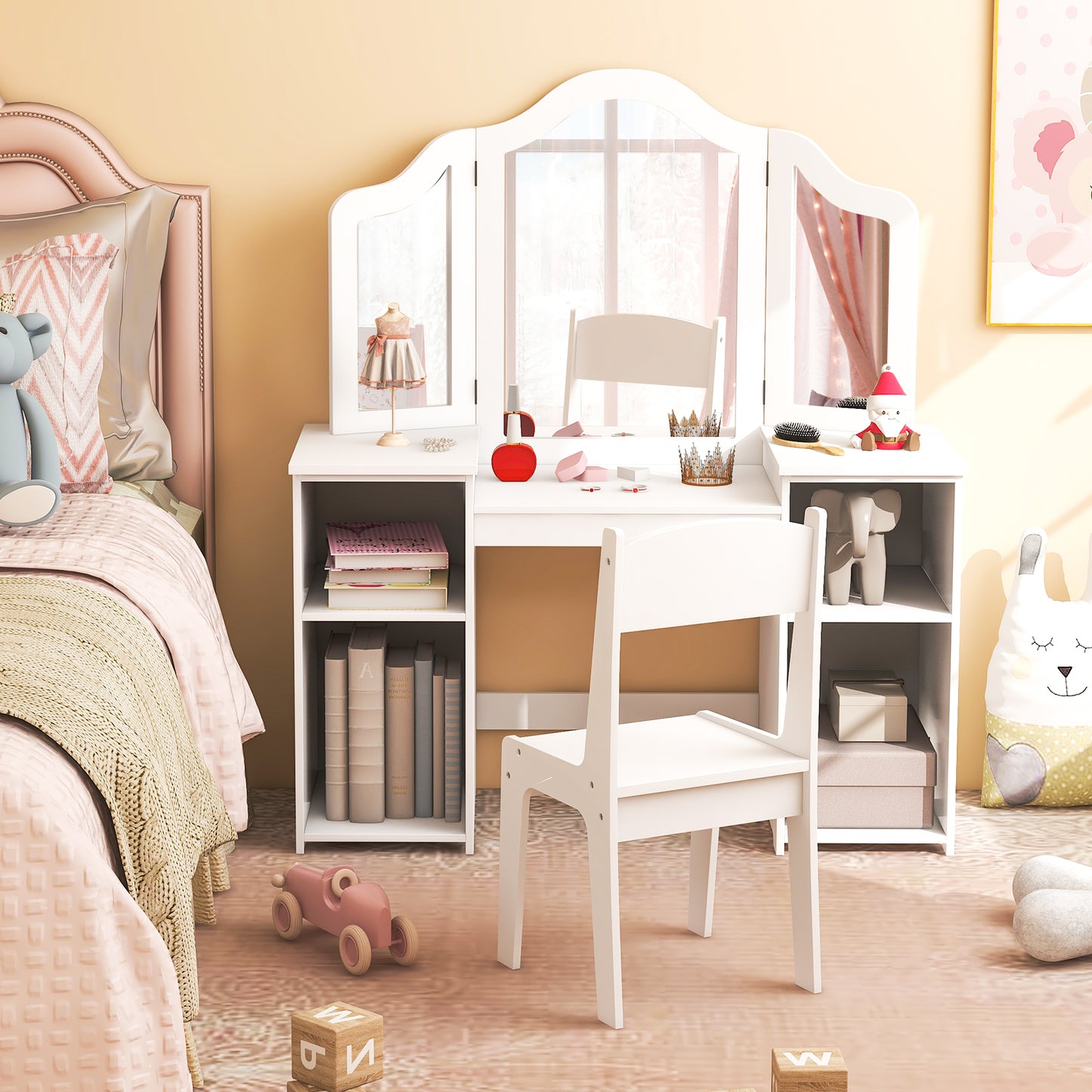 Kids Vanity Table and Chair Set with Tri-Folding Mirror