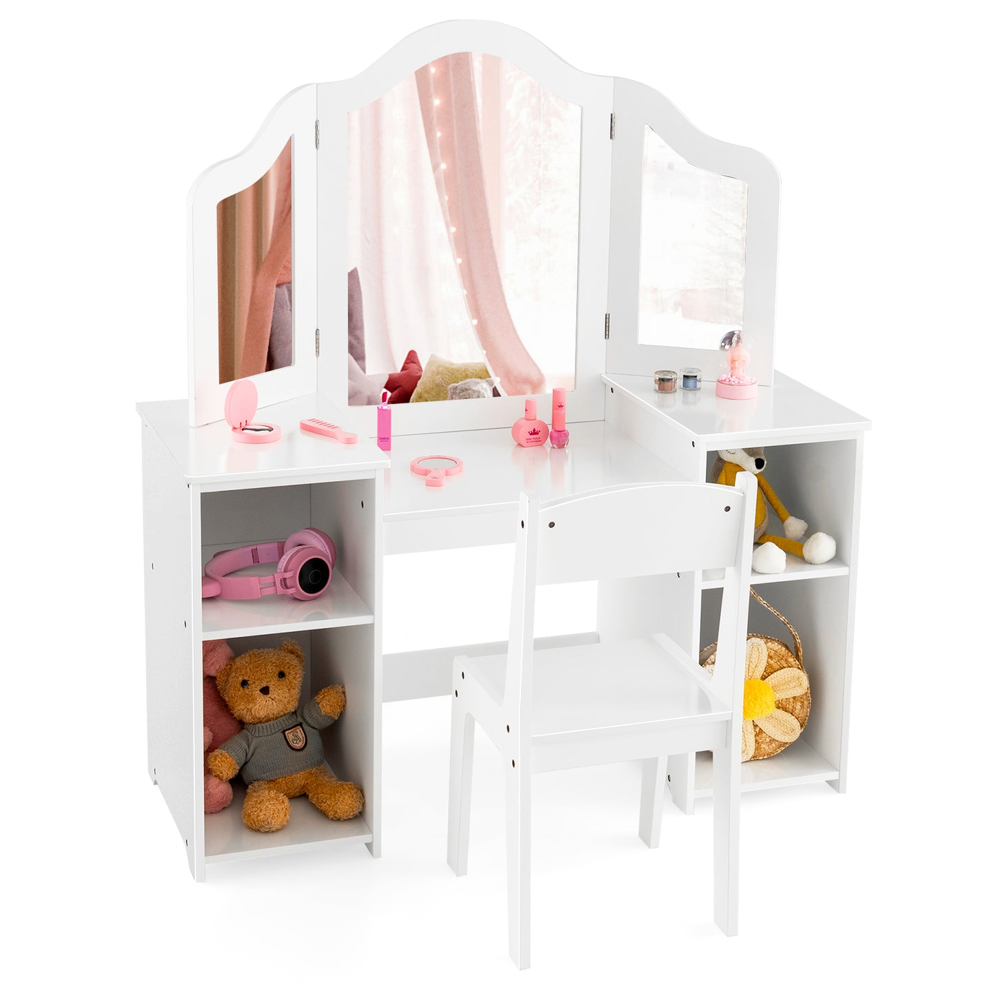 Kids Vanity Table and Chair Set with Tri-Folding Mirror