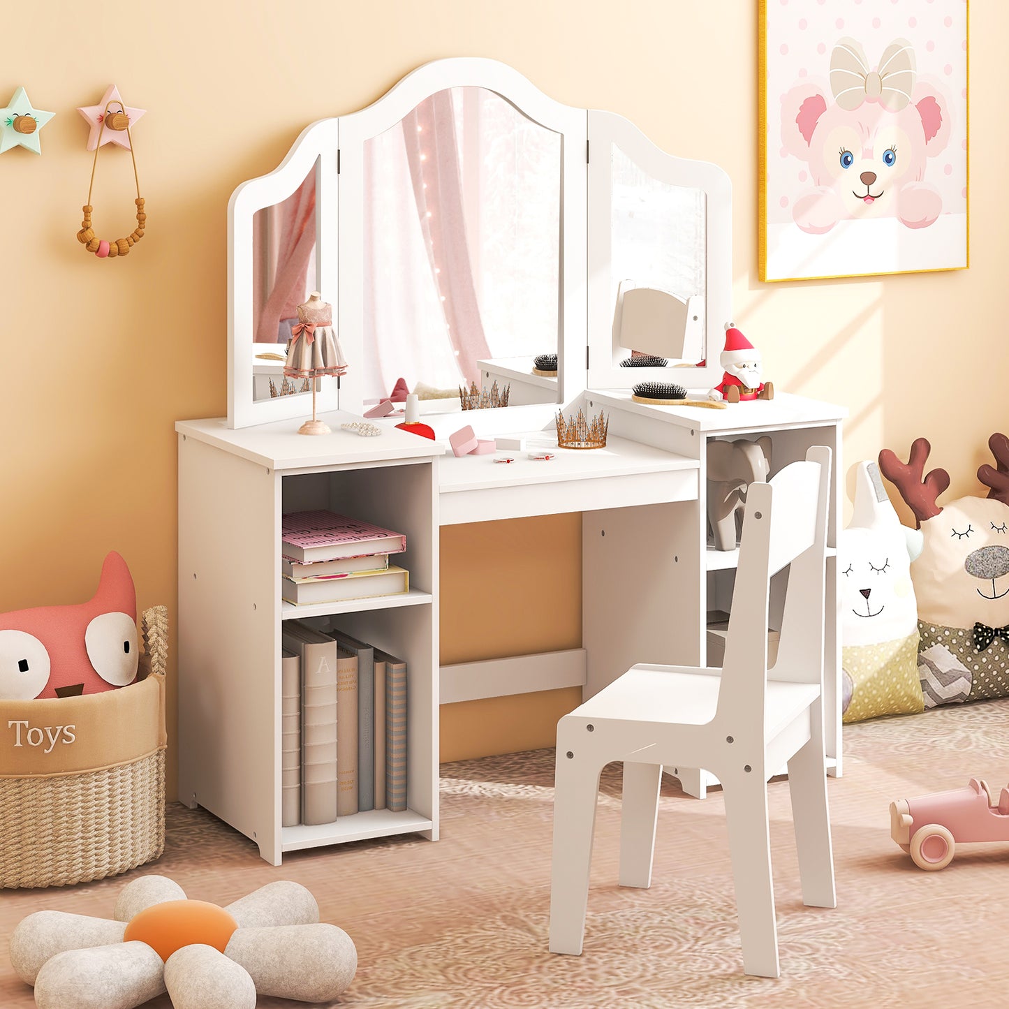 Kids Vanity Table and Chair Set with Tri-Folding Mirror