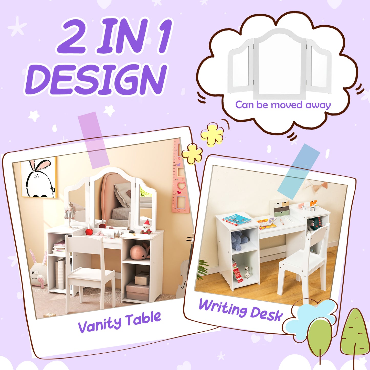 Kids Vanity Table and Chair Set with Tri-Folding Mirror