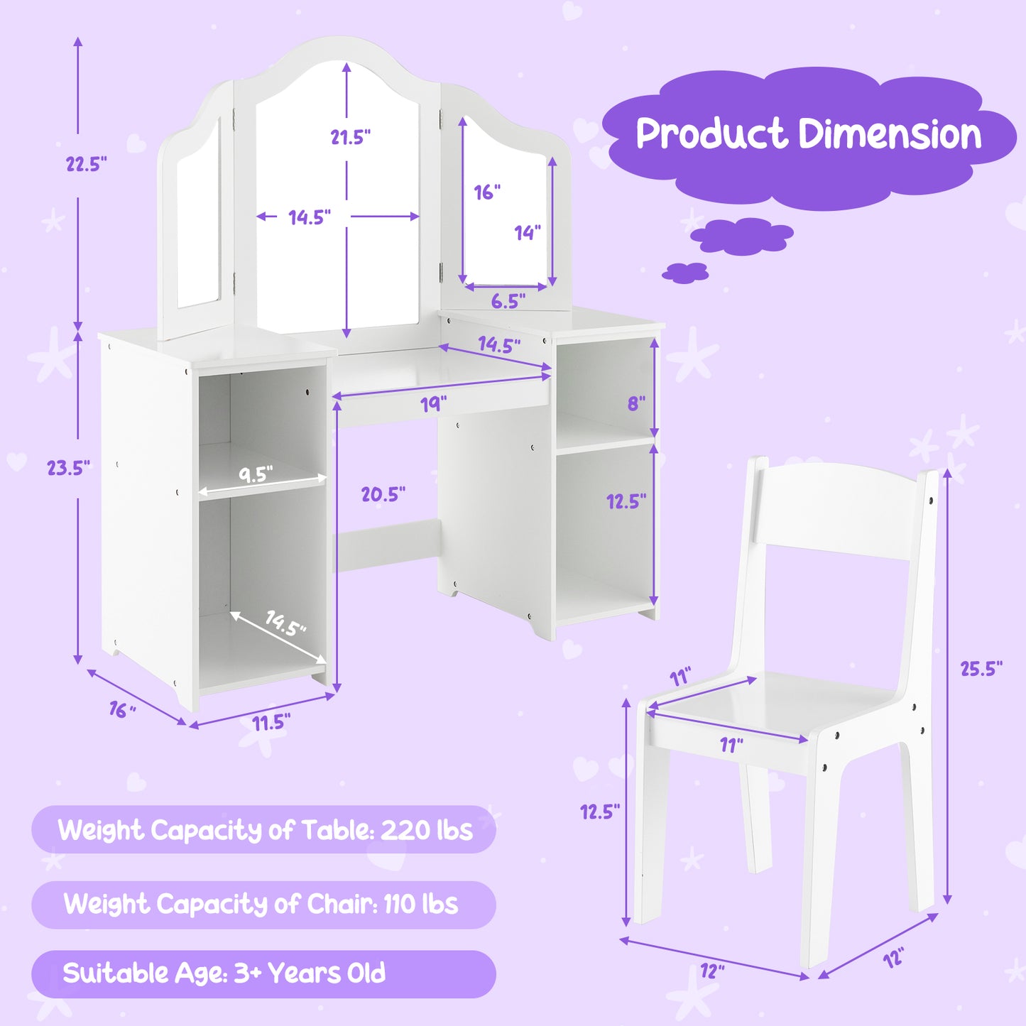 Kids Vanity Table and Chair Set with Tri-Folding Mirror