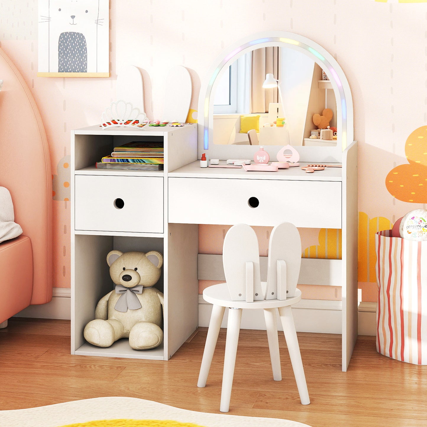 Kids Vanity Desk and Chair Set with Lighted Mirror