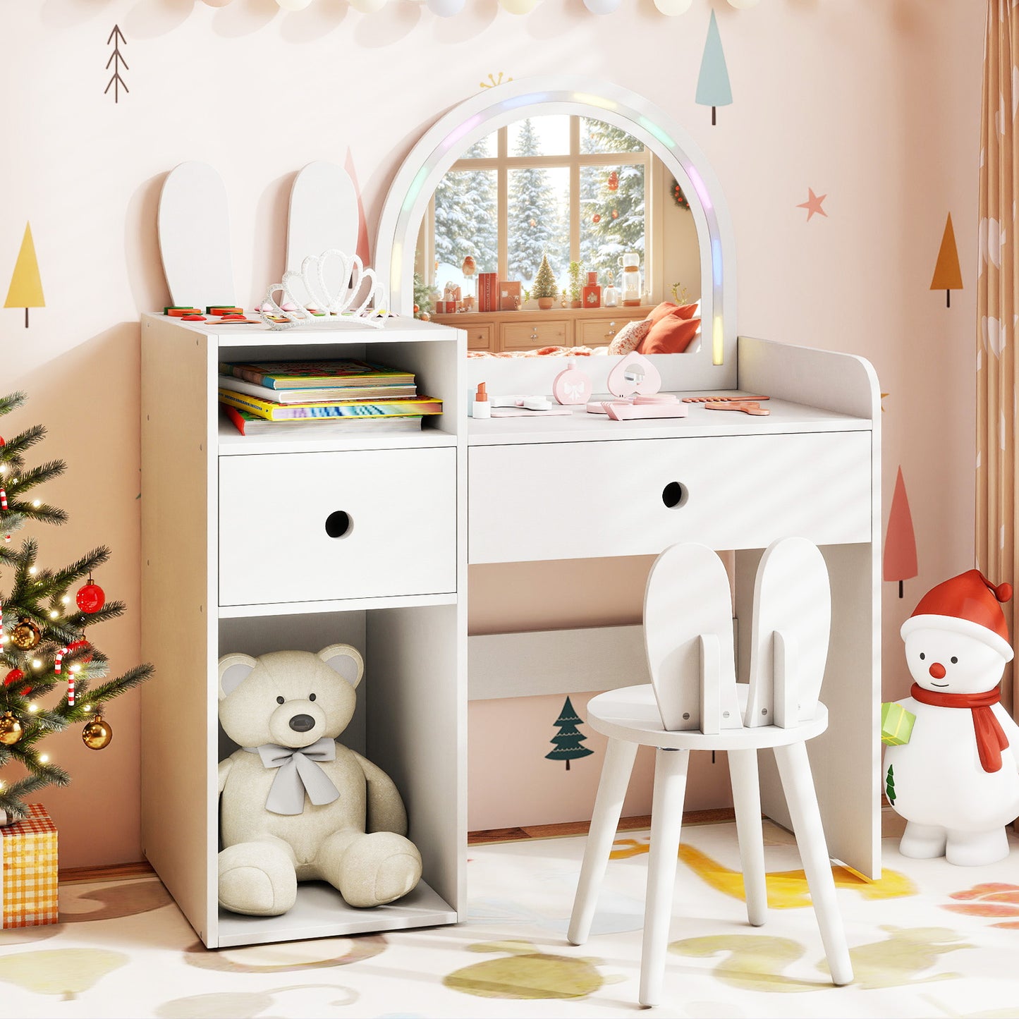 Kids Vanity Desk and Chair Set with Lighted Mirror