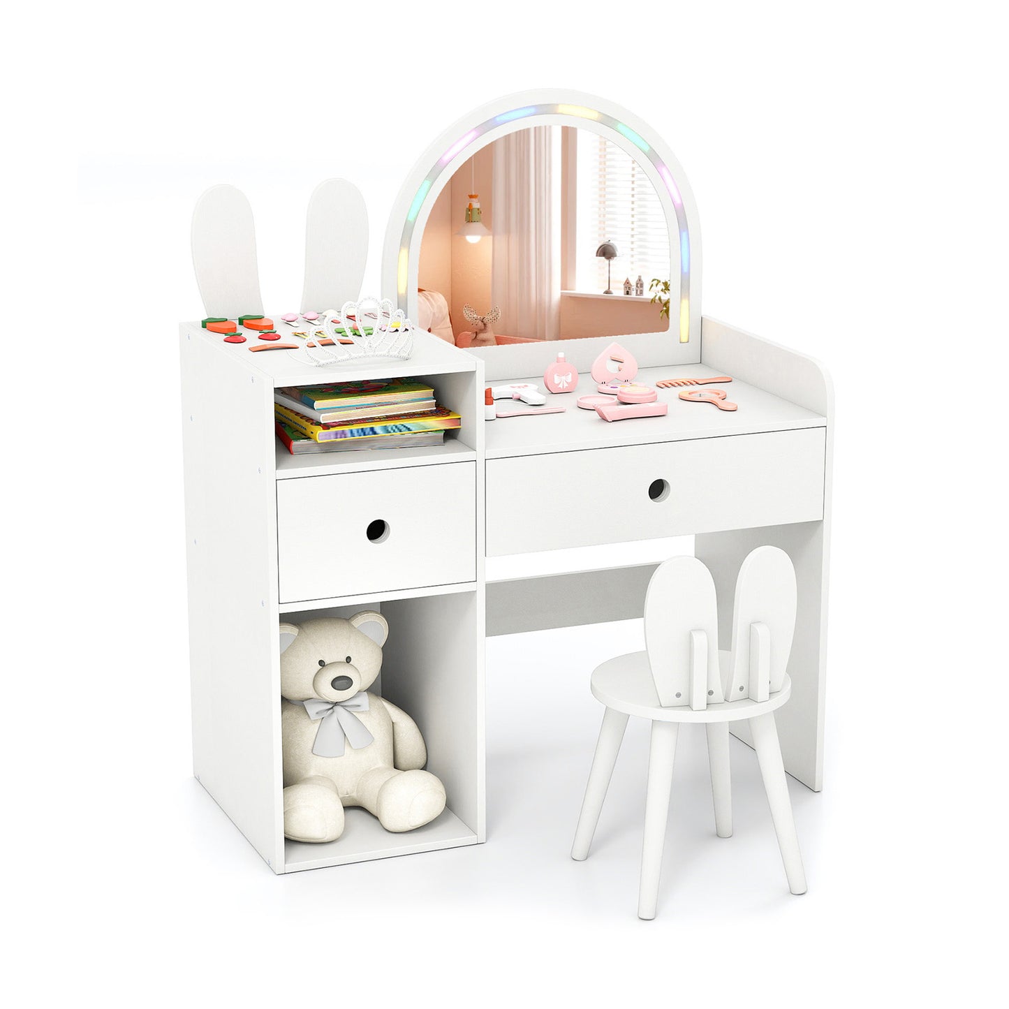 Kids Vanity Desk and Chair Set with Lighted Mirror