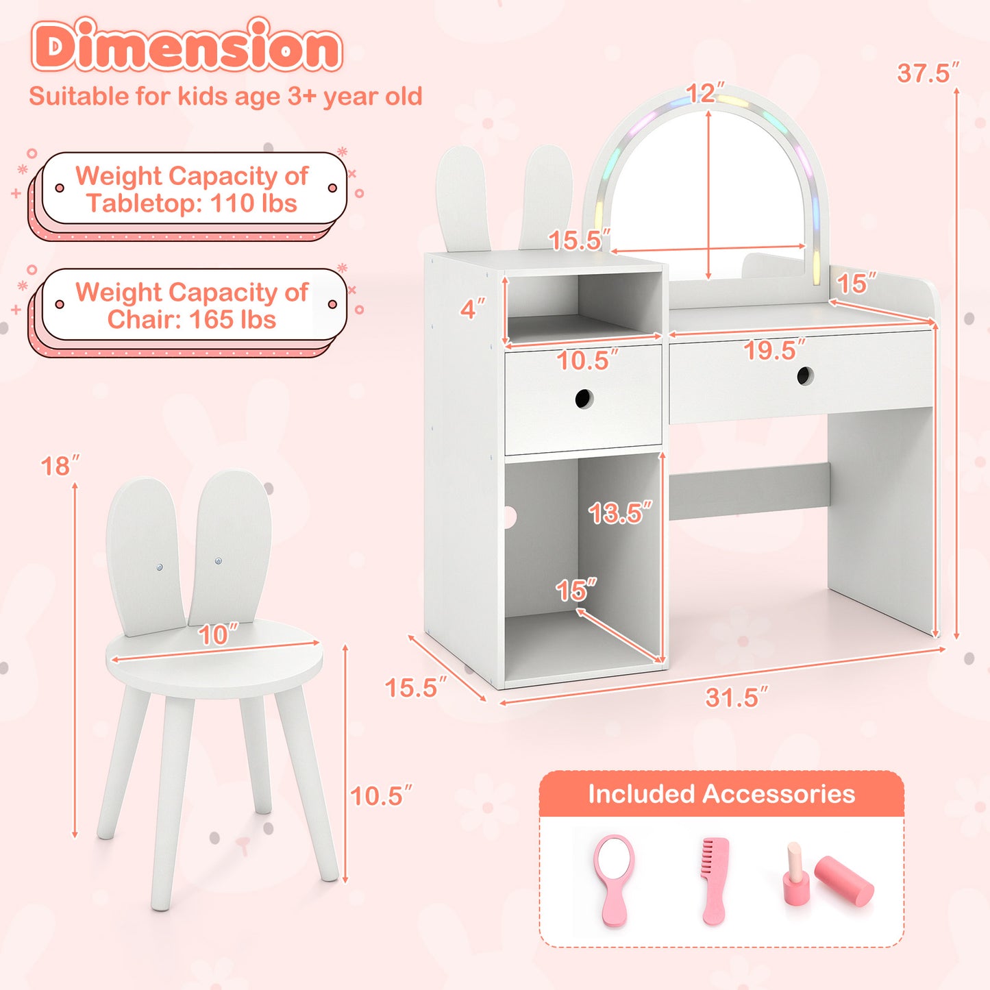 Kids Vanity Desk and Chair Set with Lighted Mirror