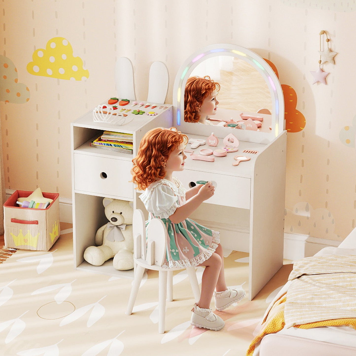 Kids Vanity Desk and Chair Set with Lighted Mirror