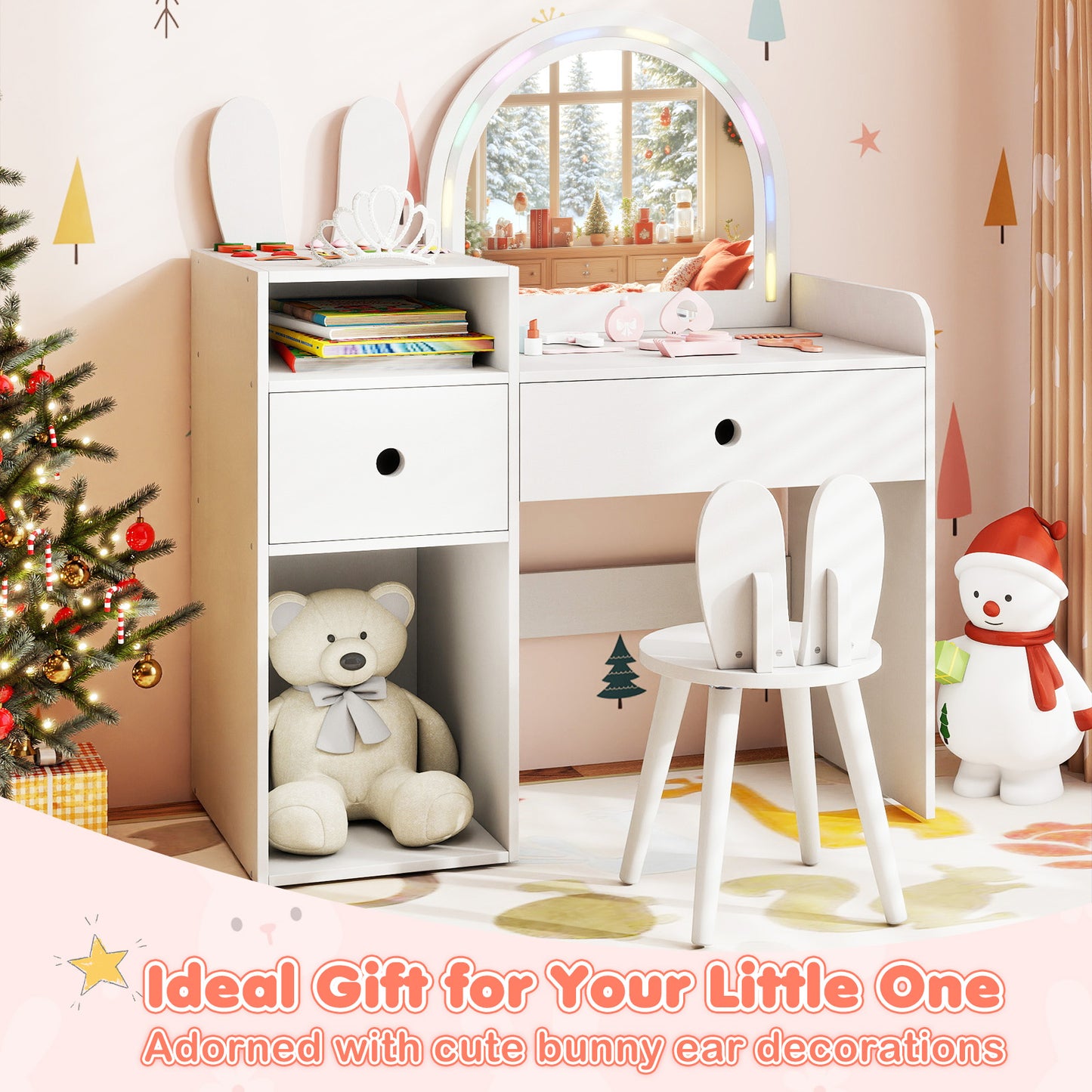 Kids Vanity Desk and Chair Set with Lighted Mirror