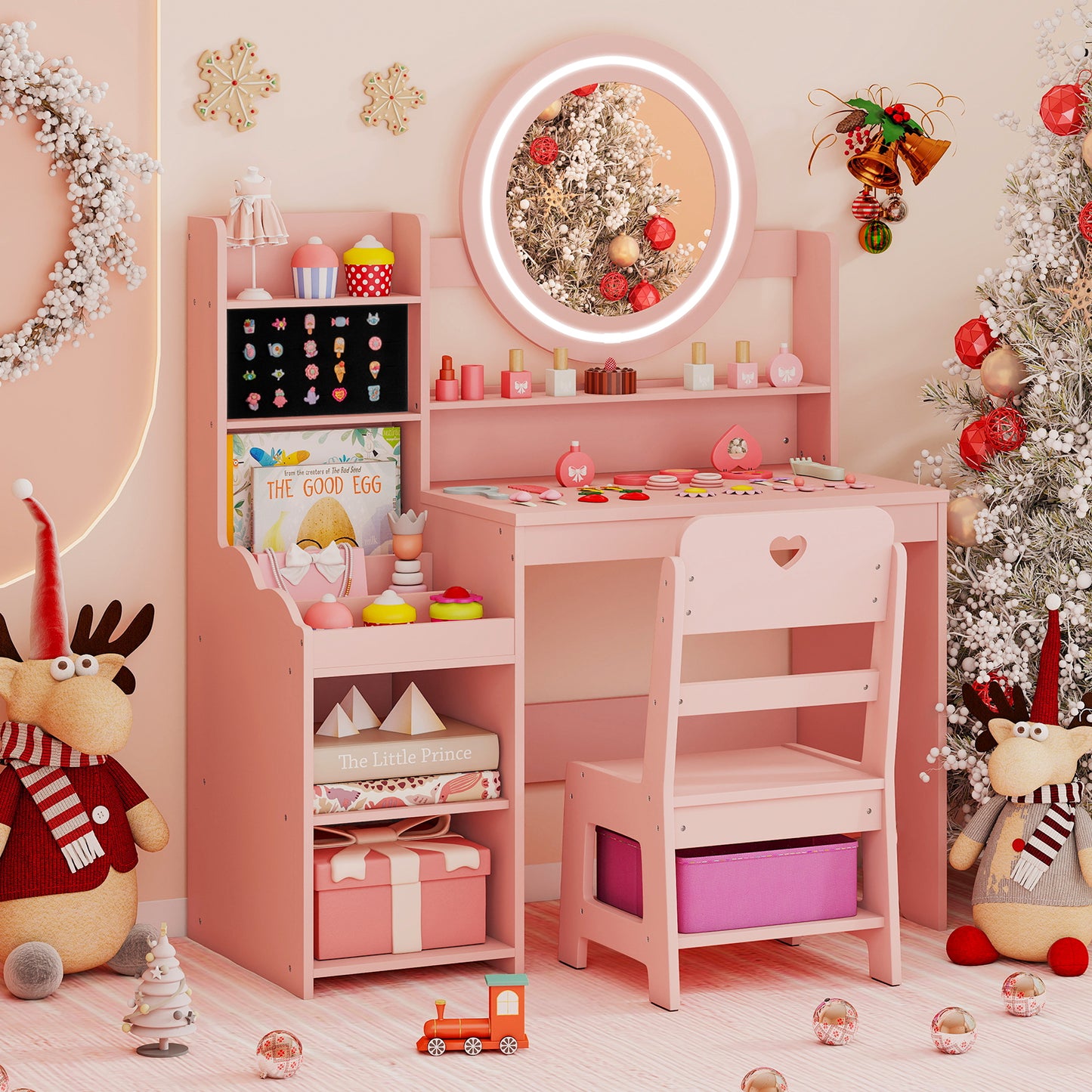 Kids Vanity Desk with Lighted Mirror and Chair Set