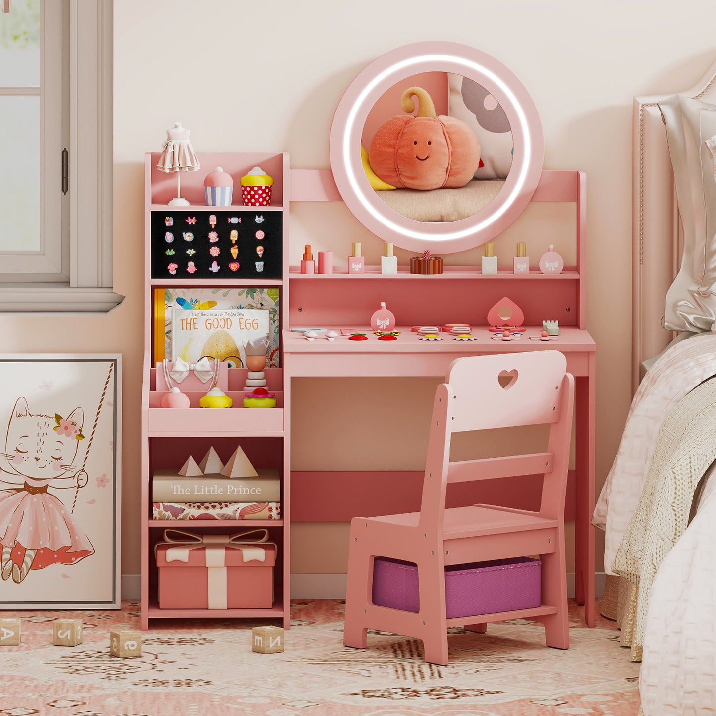 Kids Vanity Desk with Lighted Mirror and Chair Set