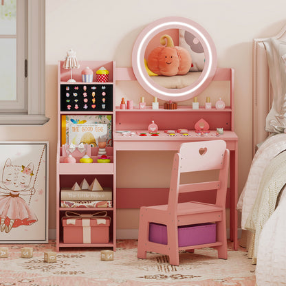 Kids Vanity Desk with Lighted Mirror and Chair Set