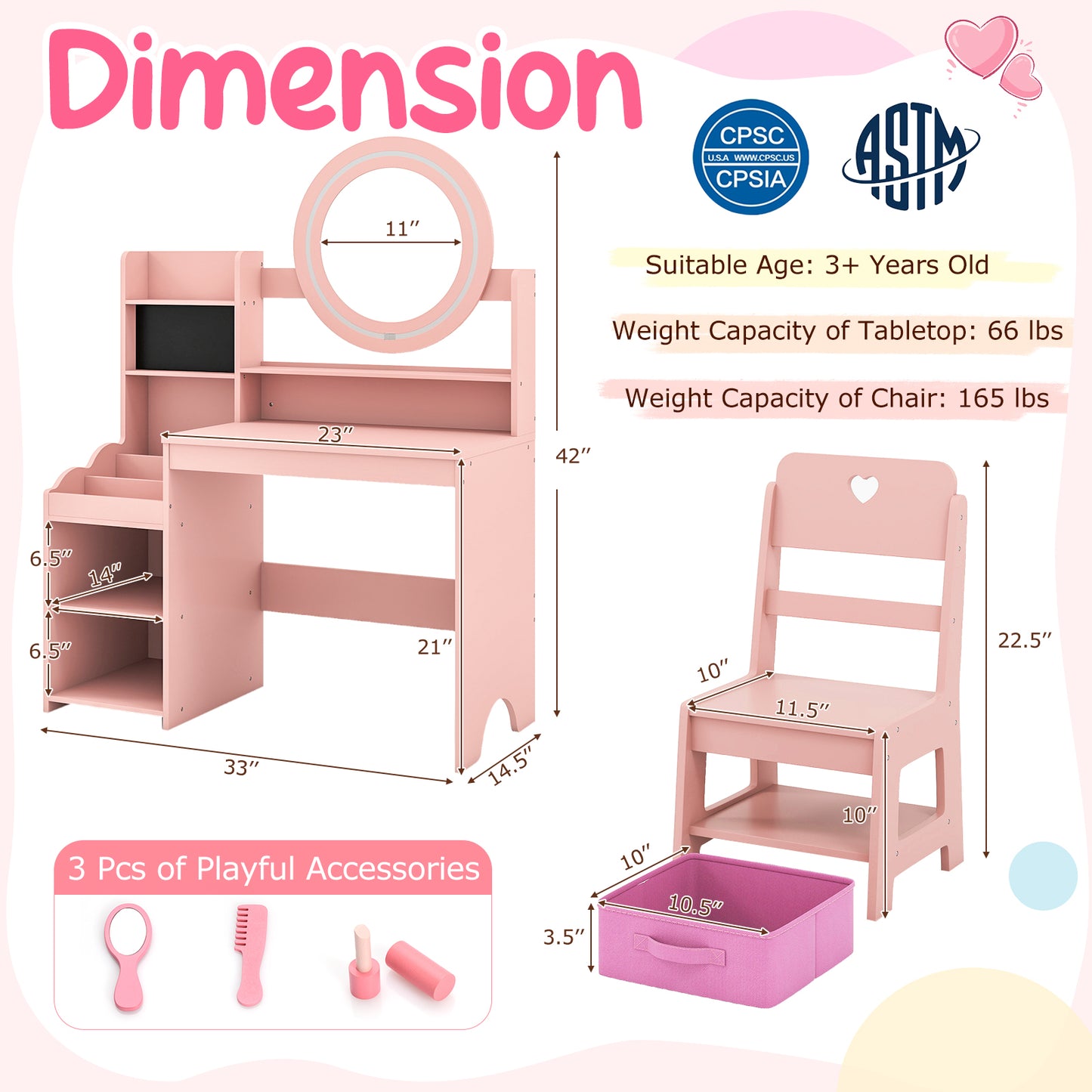 Kids Vanity Desk with Lighted Mirror and Chair Set