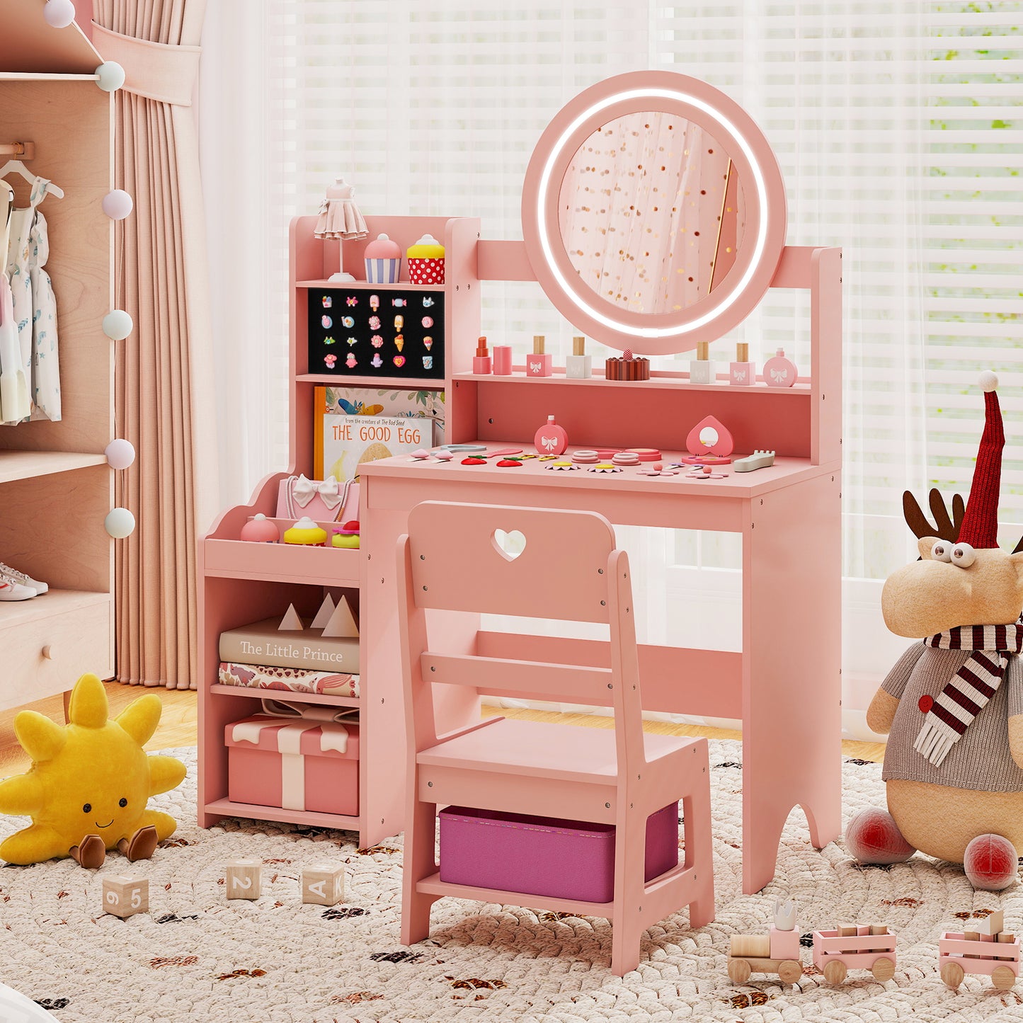 Kids Vanity Desk with Lighted Mirror and Chair Set