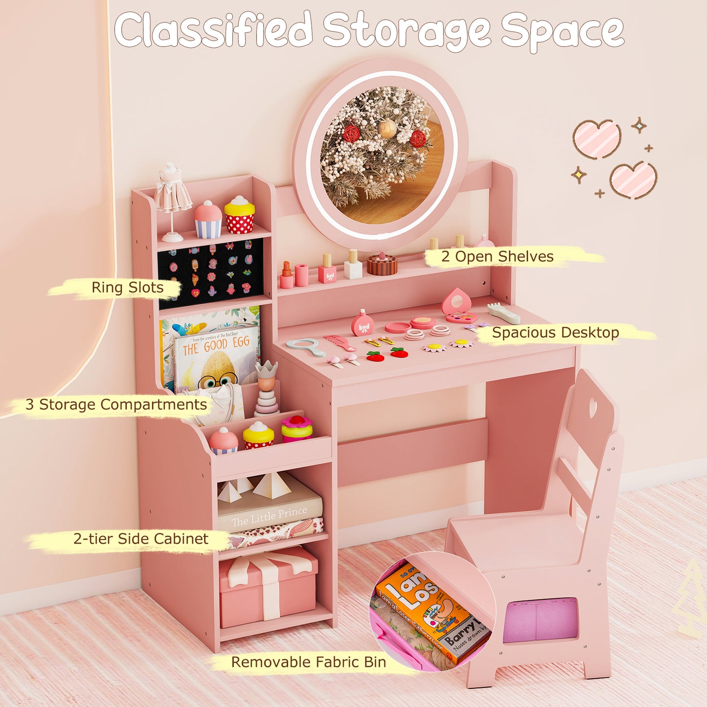 Kids Vanity Desk with Lighted Mirror and Chair Set