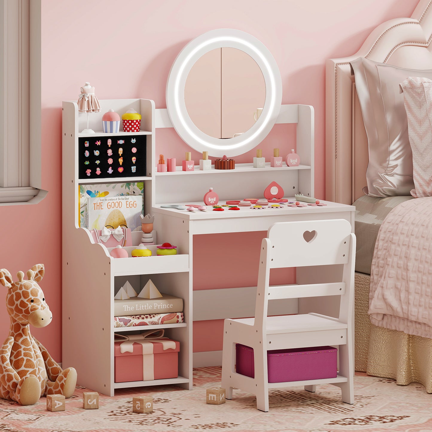 Kids Vanity Desk with Lighted Mirror and Chair Set