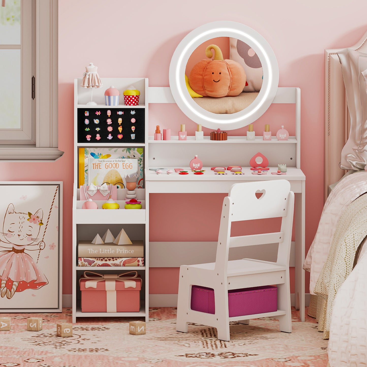 Kids Vanity Desk with Lighted Mirror and Chair Set