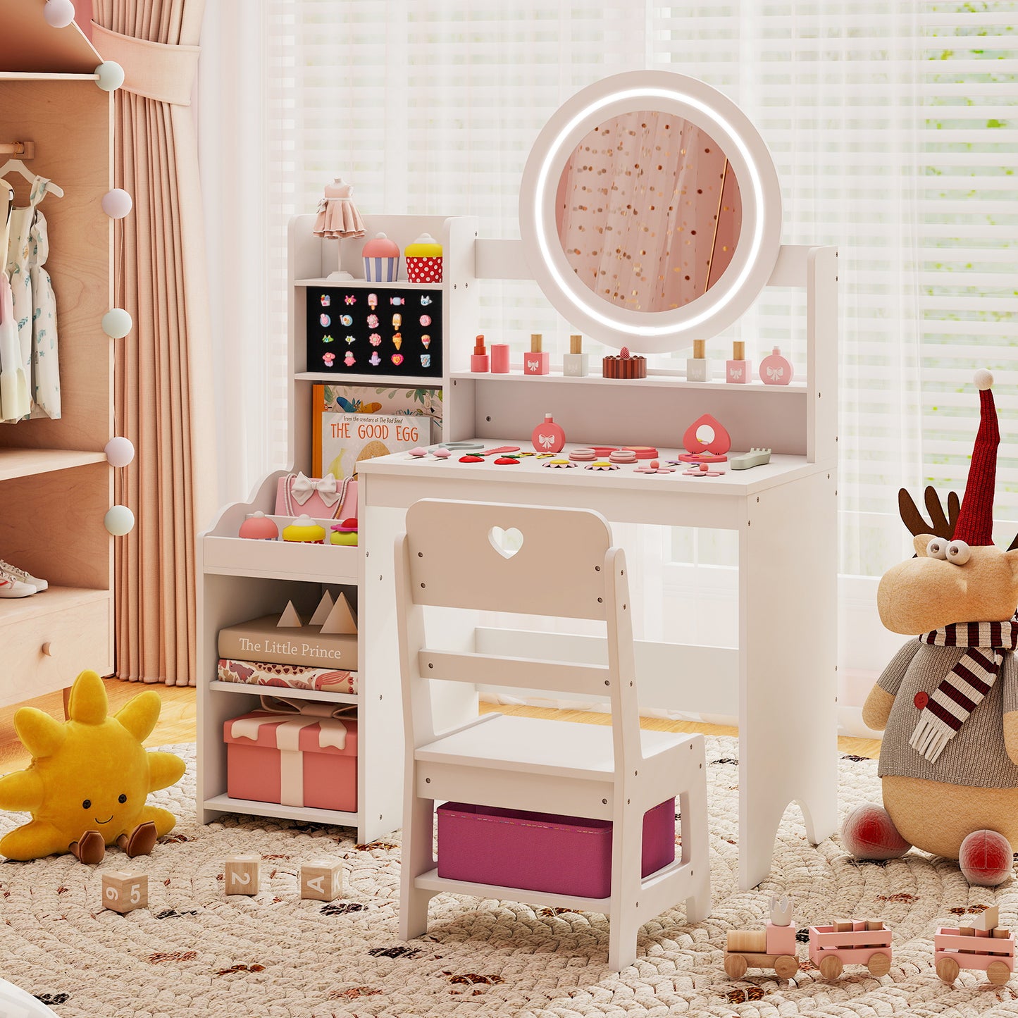 Kids Vanity Desk with Lighted Mirror and Chair Set