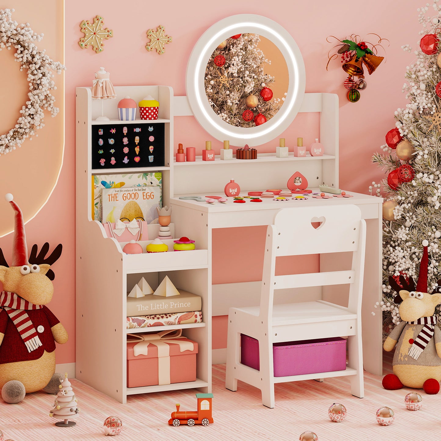 Kids Vanity Desk with Lighted Mirror and Chair Set