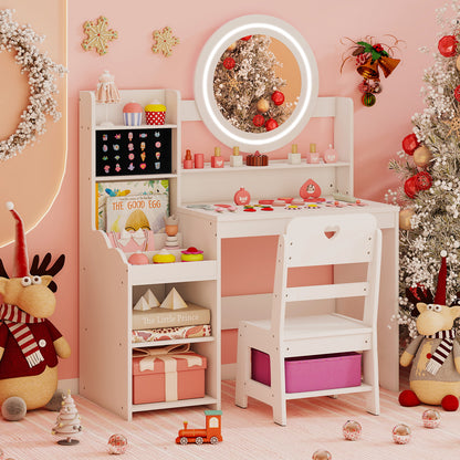 Kids Vanity Desk with Lighted Mirror and Chair Set