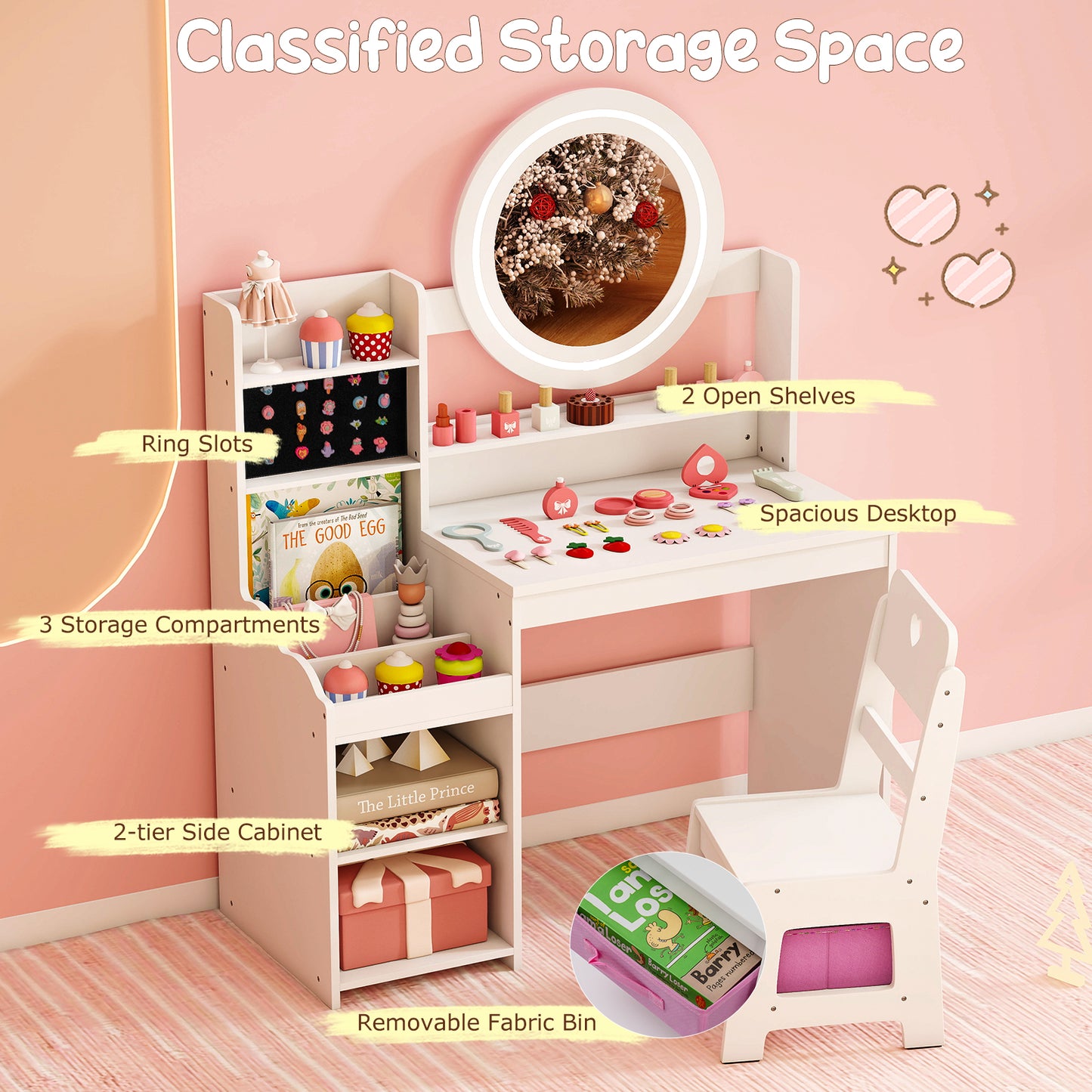 Kids Vanity Desk with Lighted Mirror and Chair Set