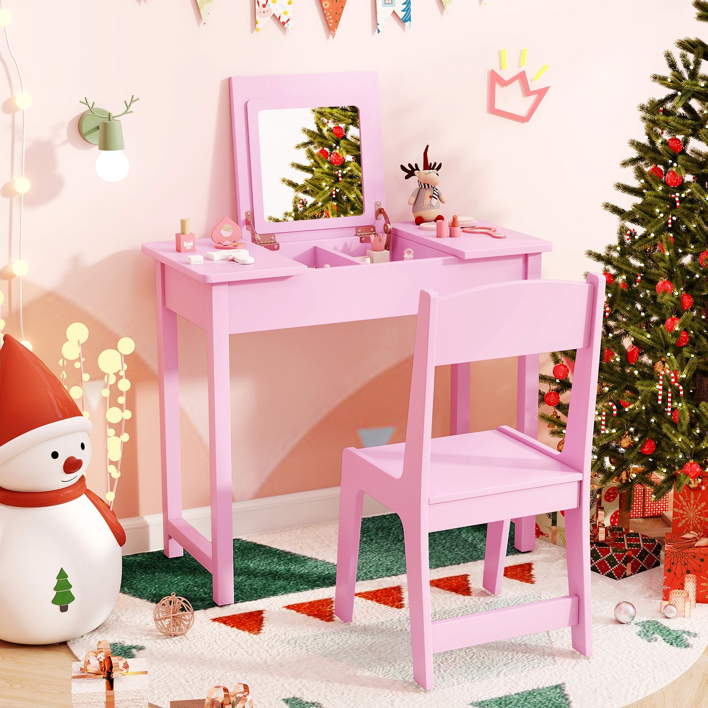 Kids Vanity Table and Chair Set with Flip Top Mirror