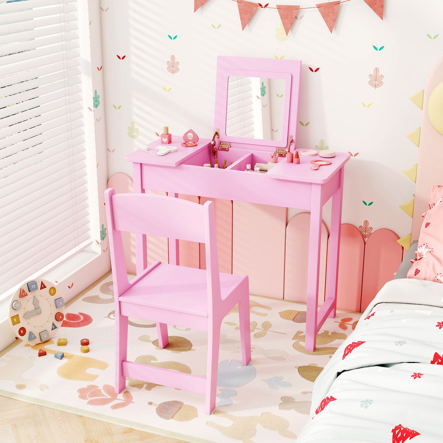 Kids Vanity Table and Chair Set with Flip Top Mirror