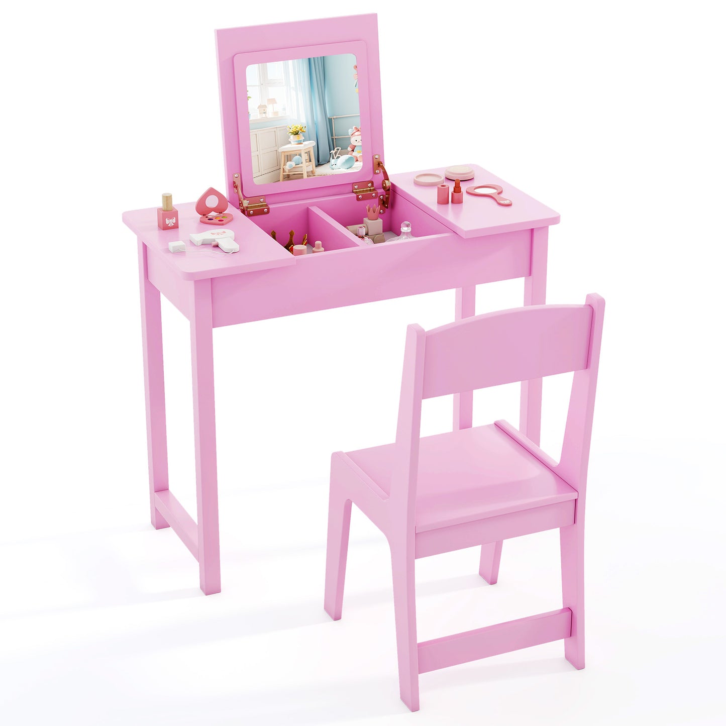 Kids Vanity Table and Chair Set with Flip Top Mirror