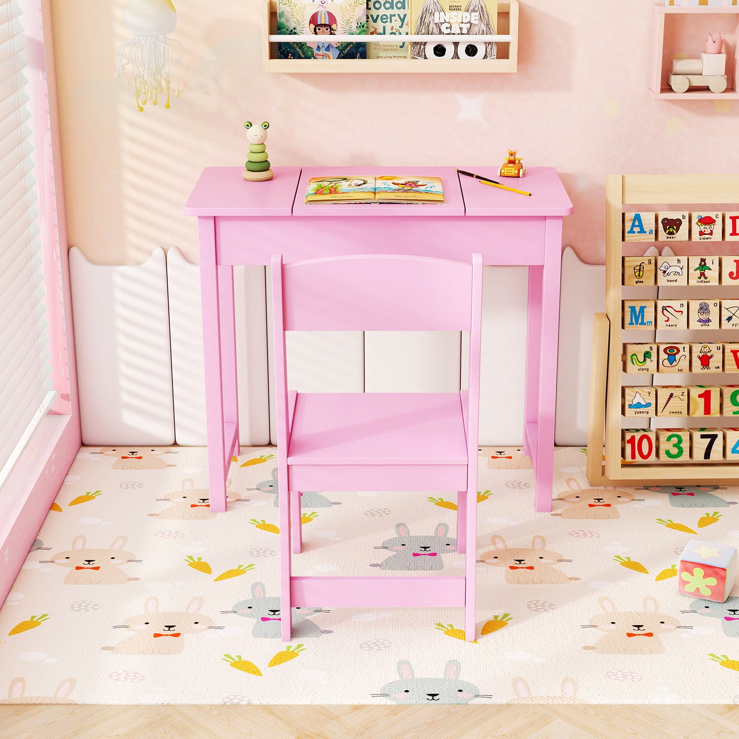 Kids Vanity Table and Chair Set with Flip Top Mirror