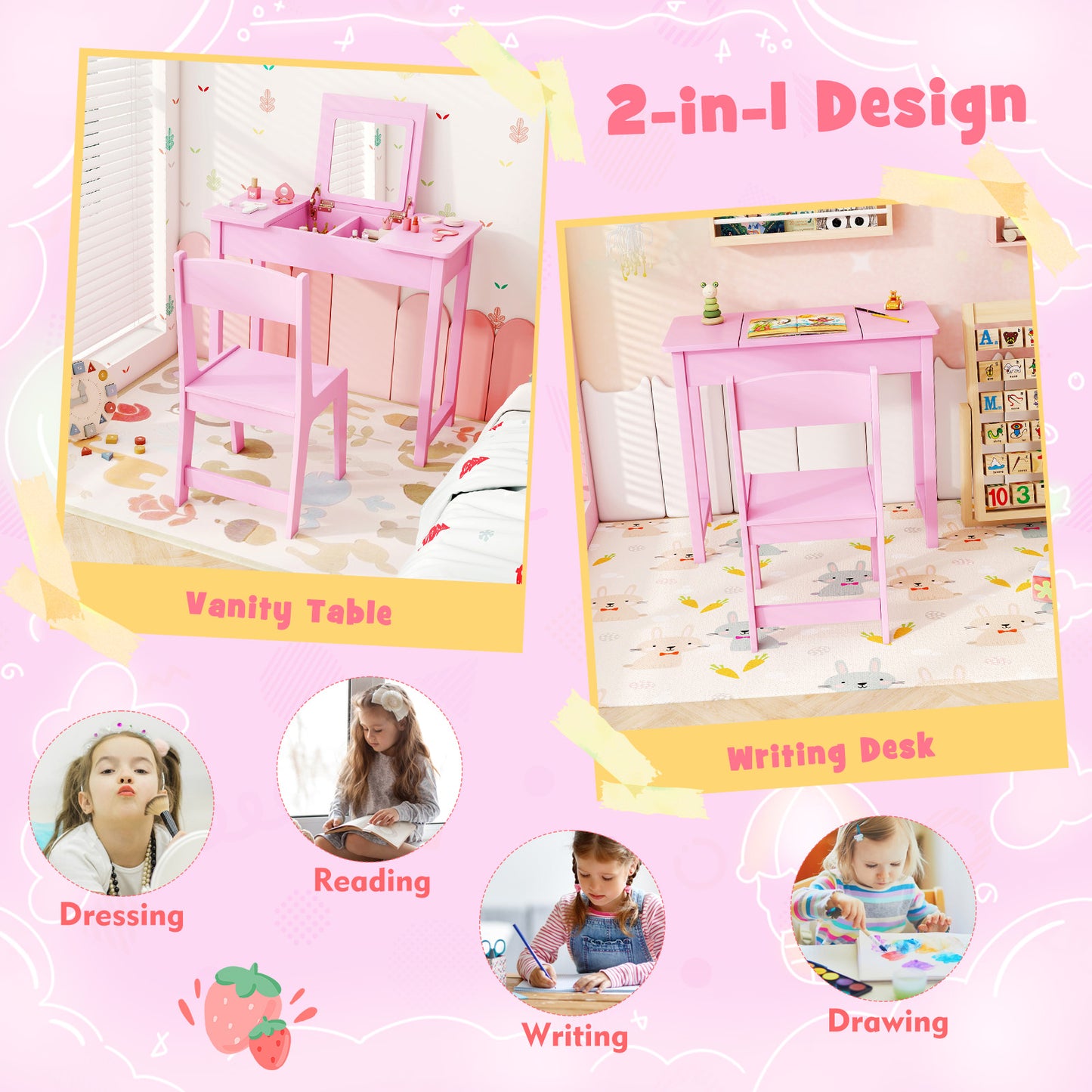 Kids Vanity Table and Chair Set with Flip Top Mirror