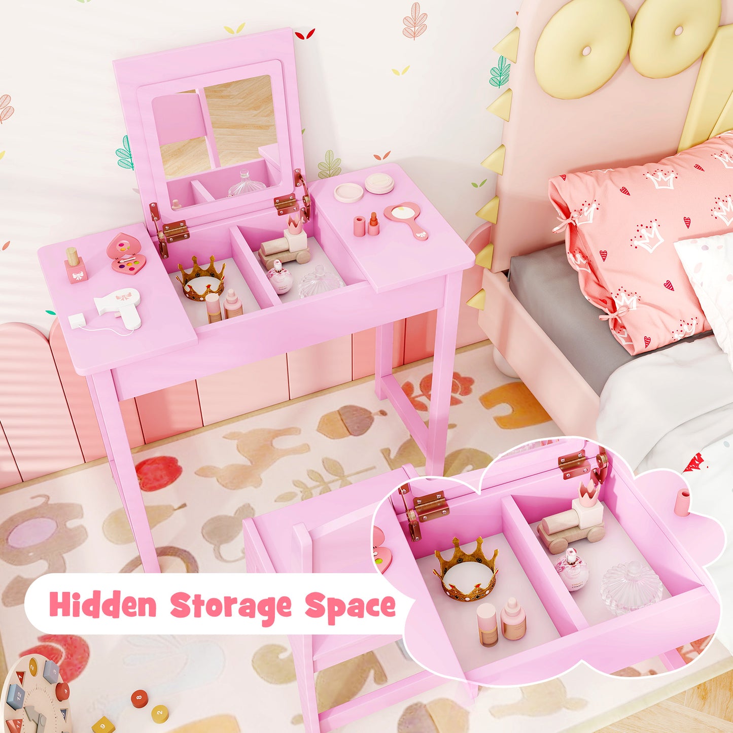 Kids Vanity Table and Chair Set with Flip Top Mirror