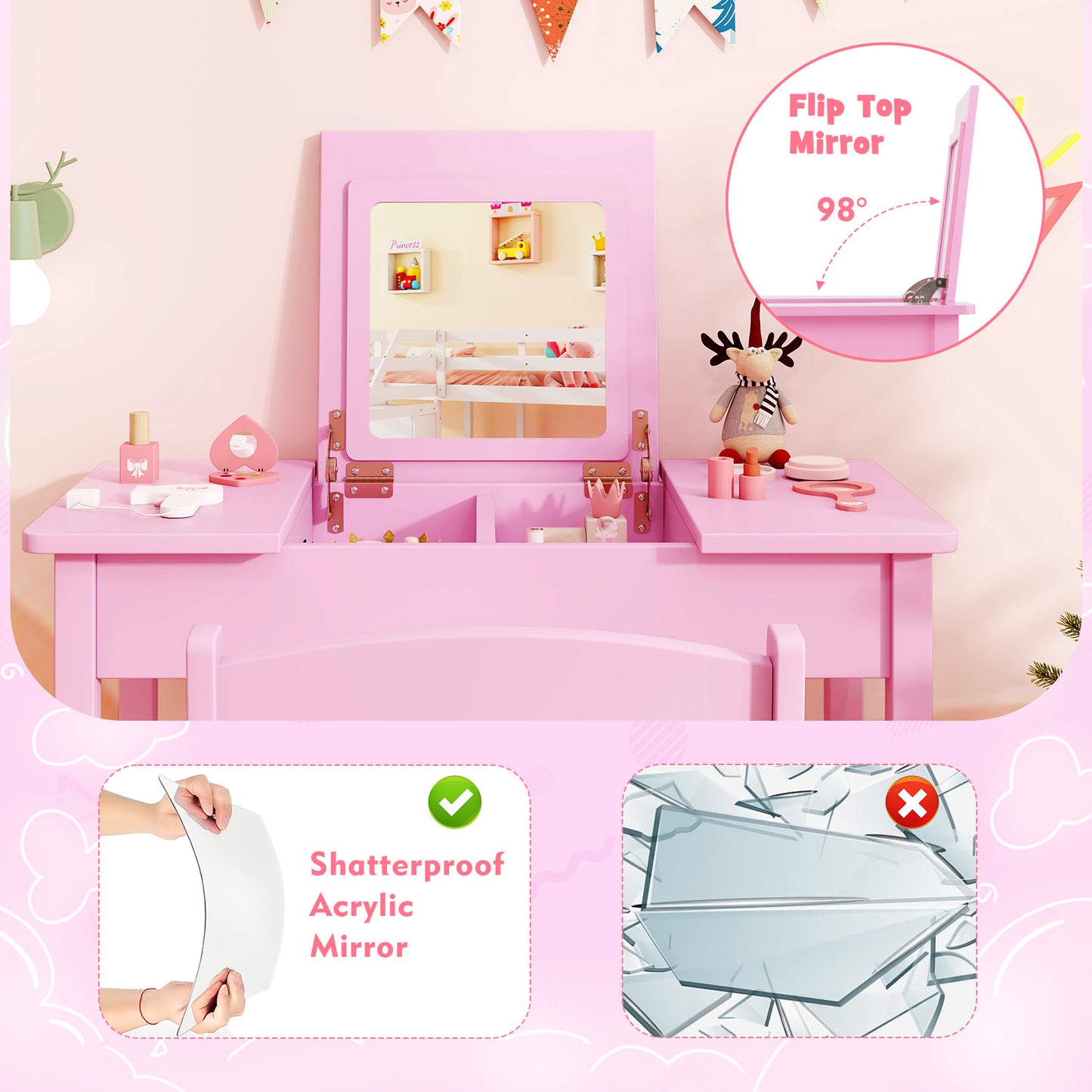 Kids Vanity Table and Chair Set with Flip Top Mirror