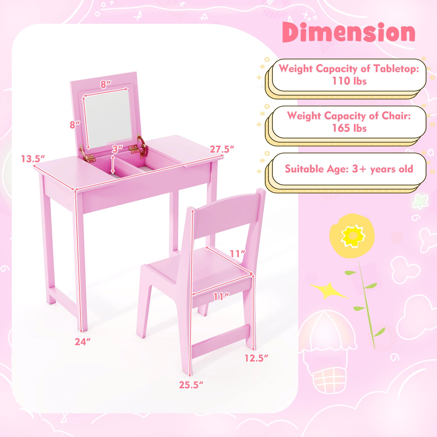 Kids Vanity Table and Chair Set with Flip Top Mirror