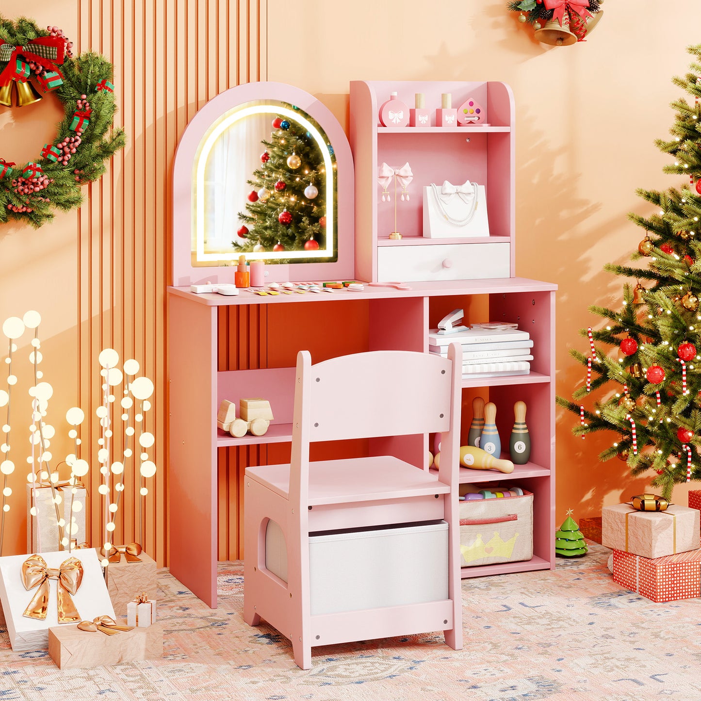 Kids Vanity Set with LED Lighted Mirror and Chair - Pink