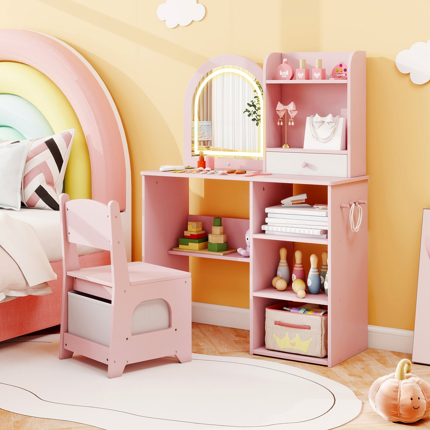 Kids Vanity Set with LED Lighted Mirror and Chair - Pink