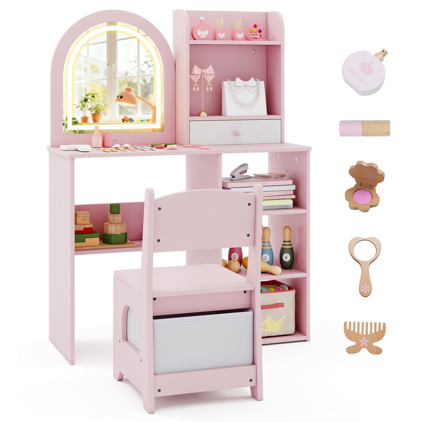 Kids Vanity Set with LED Lighted Mirror and Chair - Pink