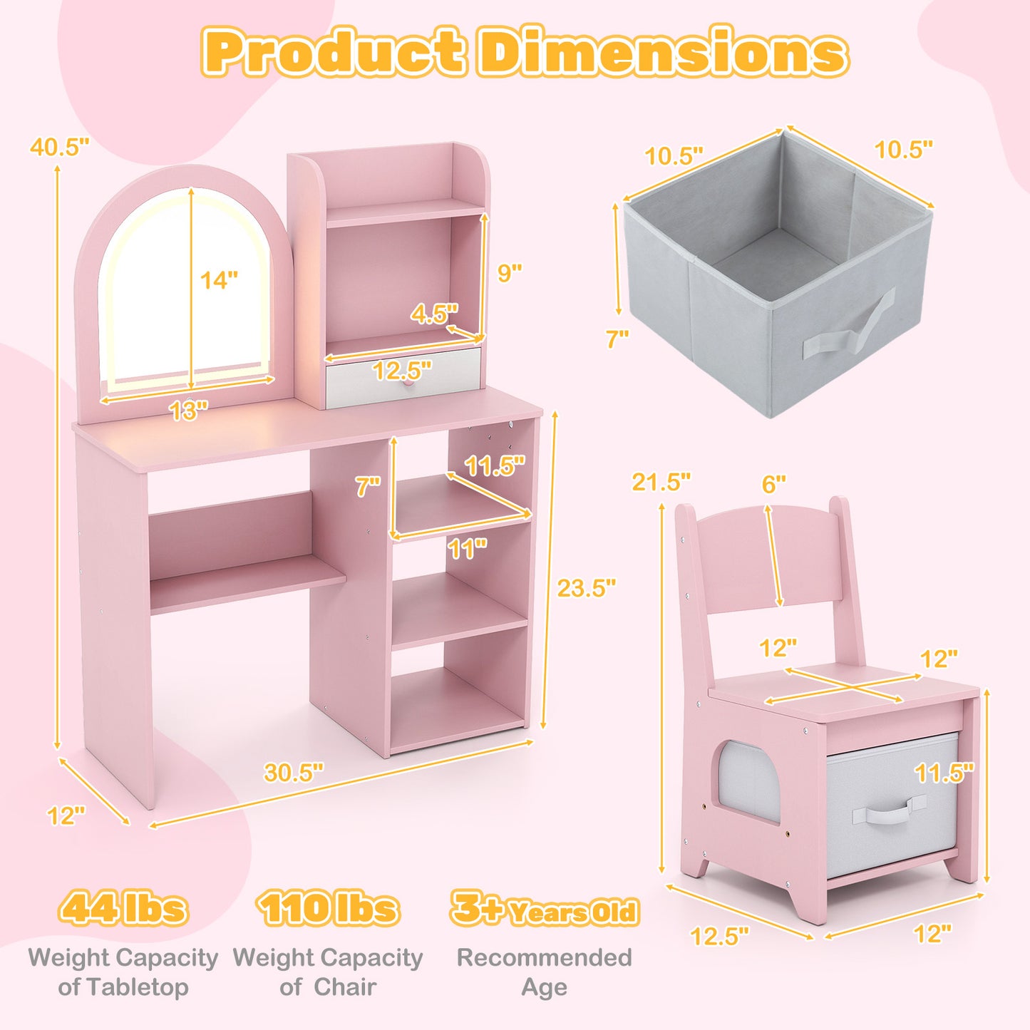 Kids Vanity Set with LED Lighted Mirror and Chair - Pink