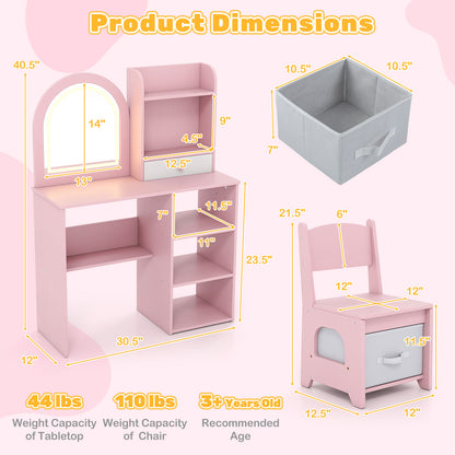 Kids Vanity Set with LED Lighted Mirror and Chair - Pink