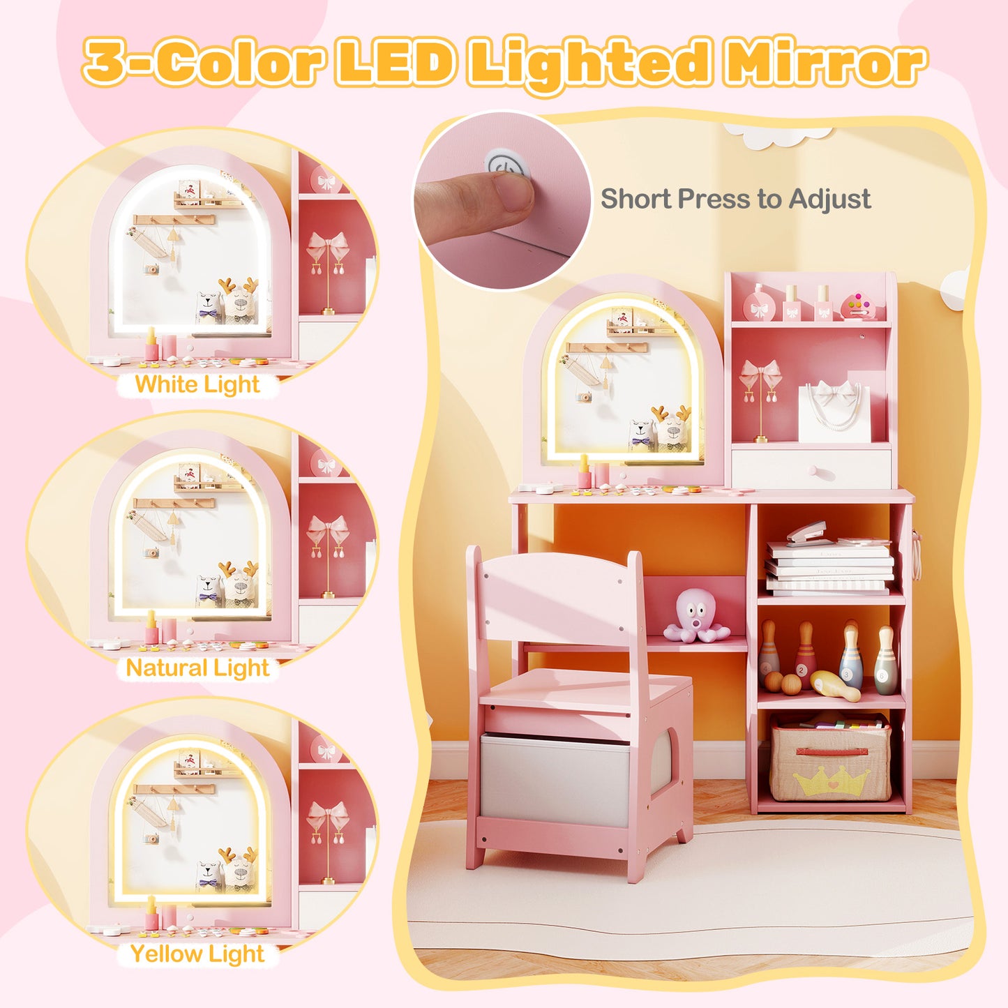 Kids Vanity Set with LED Lighted Mirror and Chair - Pink