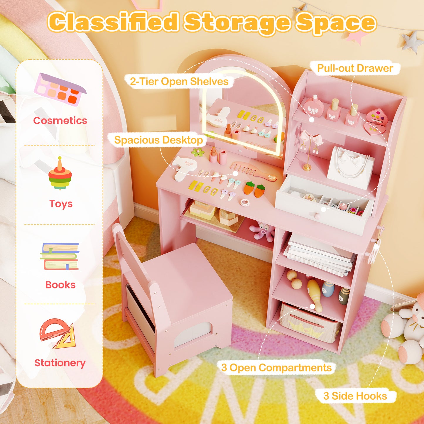 Kids Vanity Set with LED Lighted Mirror and Chair - Pink