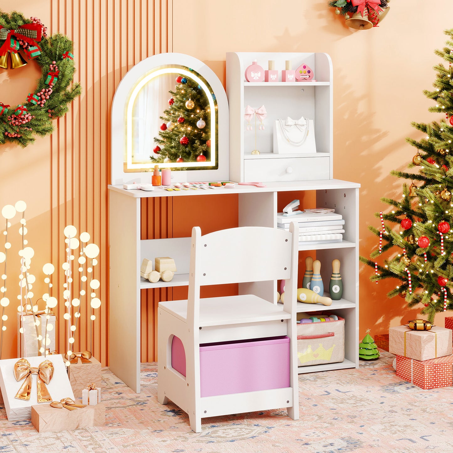 Kids Vanity Set with LED Lighted Mirror and Chair - Pink