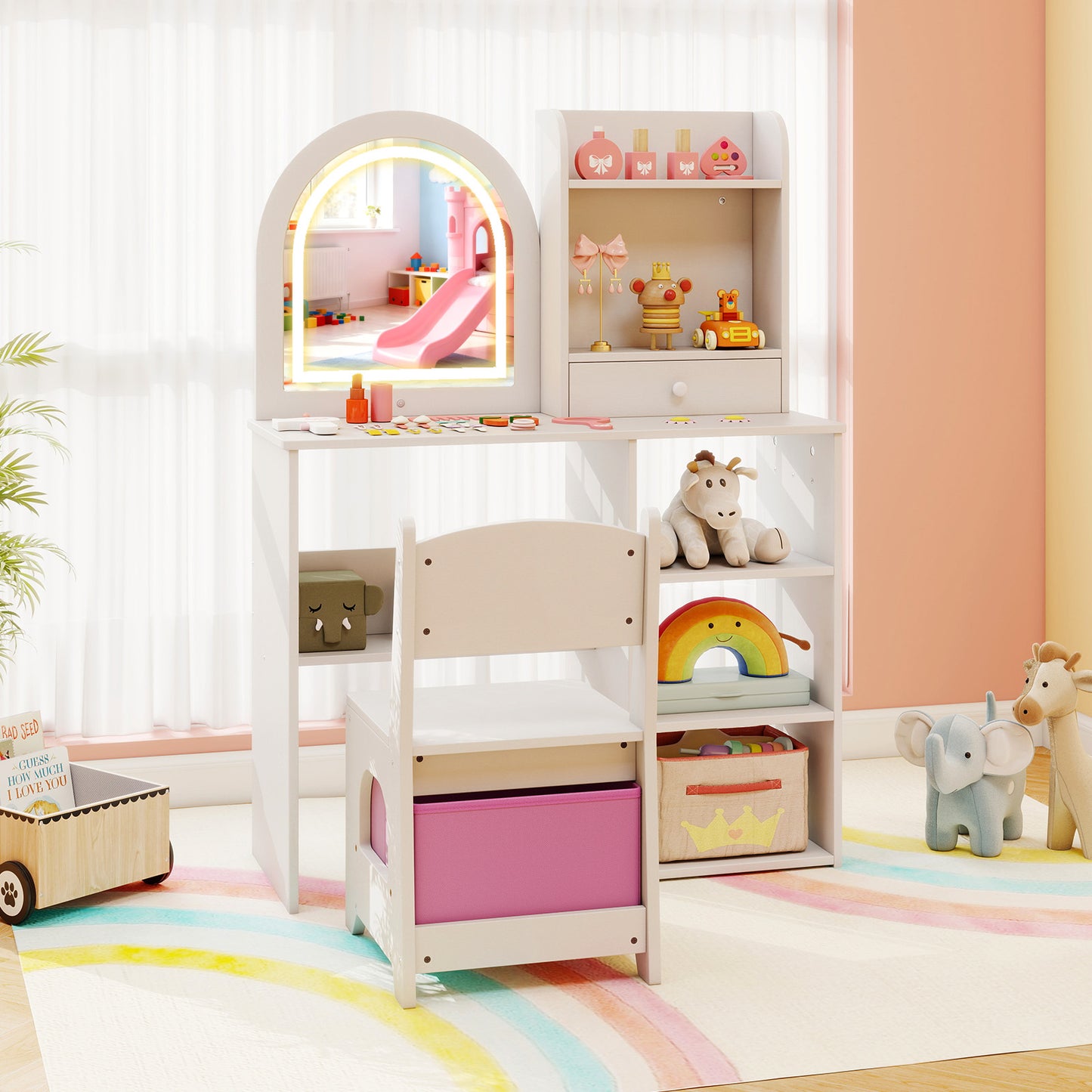 Kids Vanity Set with LED Lighted Mirror and Chair - Pink
