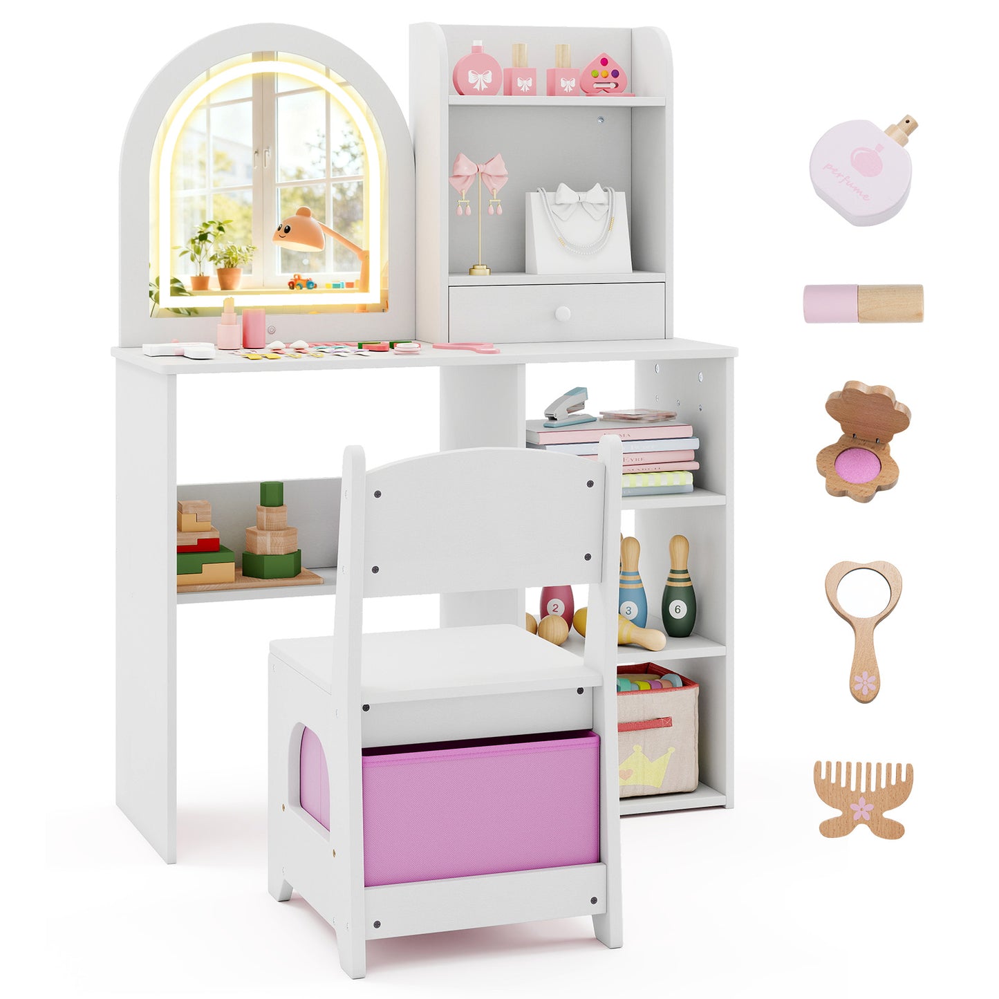 Kids Vanity Set with LED Lighted Mirror and Chair - Pink