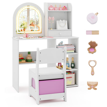 Kids Vanity Set with LED Lighted Mirror and Chair - Pink